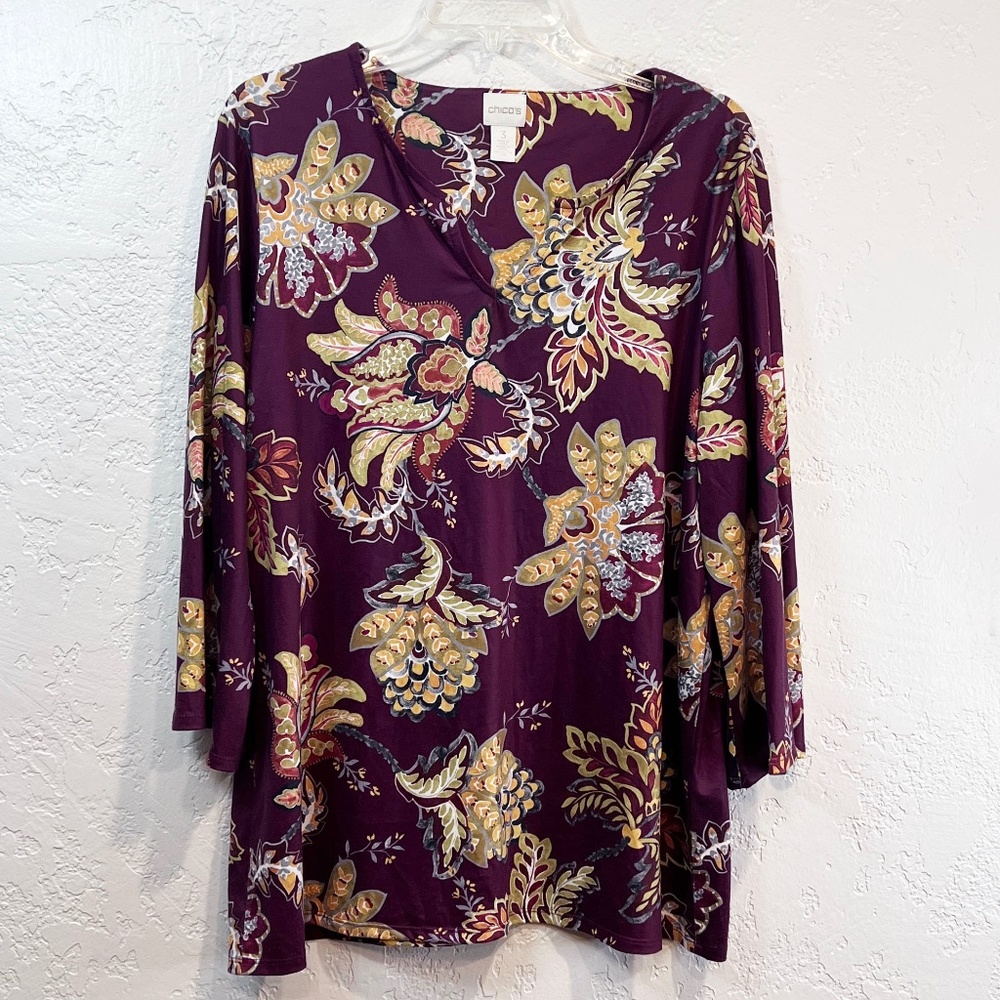 Chico's Paisley Tunic, Size 3 (XL), Long Sleeve, V-Neck, Great Career, Workplace